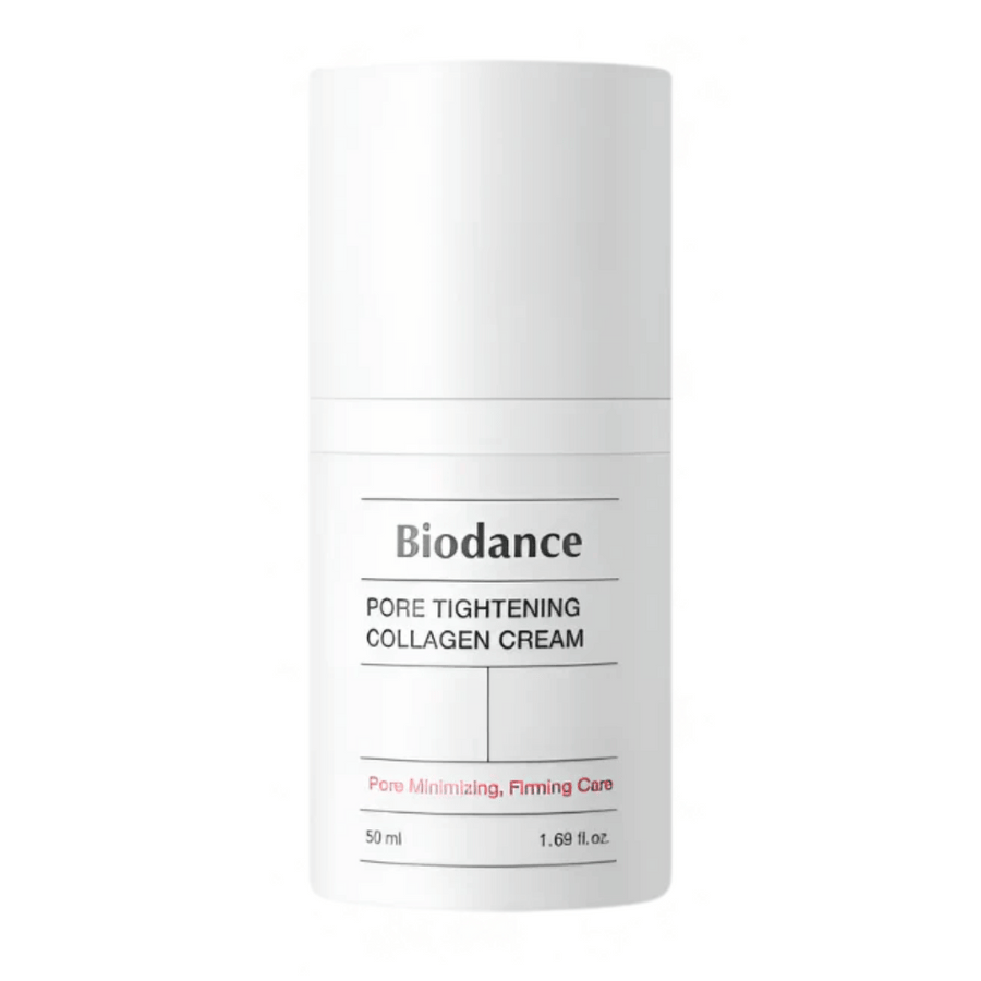 Biodance Pore Tightening Collagen Cream i enkel vit förpackning med minimalistisk design, 50 ml.
