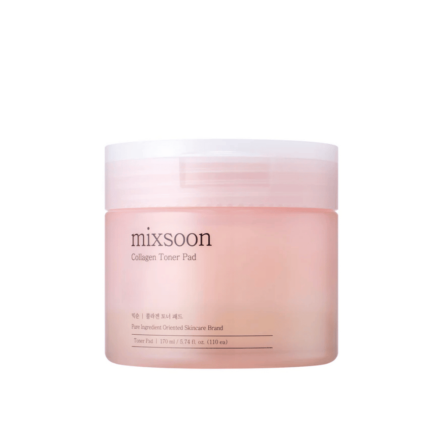 Mixsoon Collagen Toner Pad i en elegant, rosa burk med 110 pads – återfuktande toner för daglig hudvård.