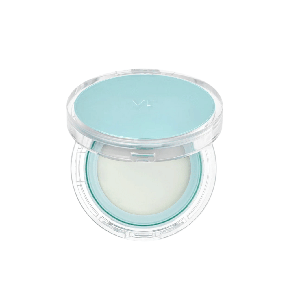 Öppen burk med VT PDRN Essence Glow Sun Pact. Den har en vit inre yta med en blå lock, designad för att ge ett strålande resultat på huden.