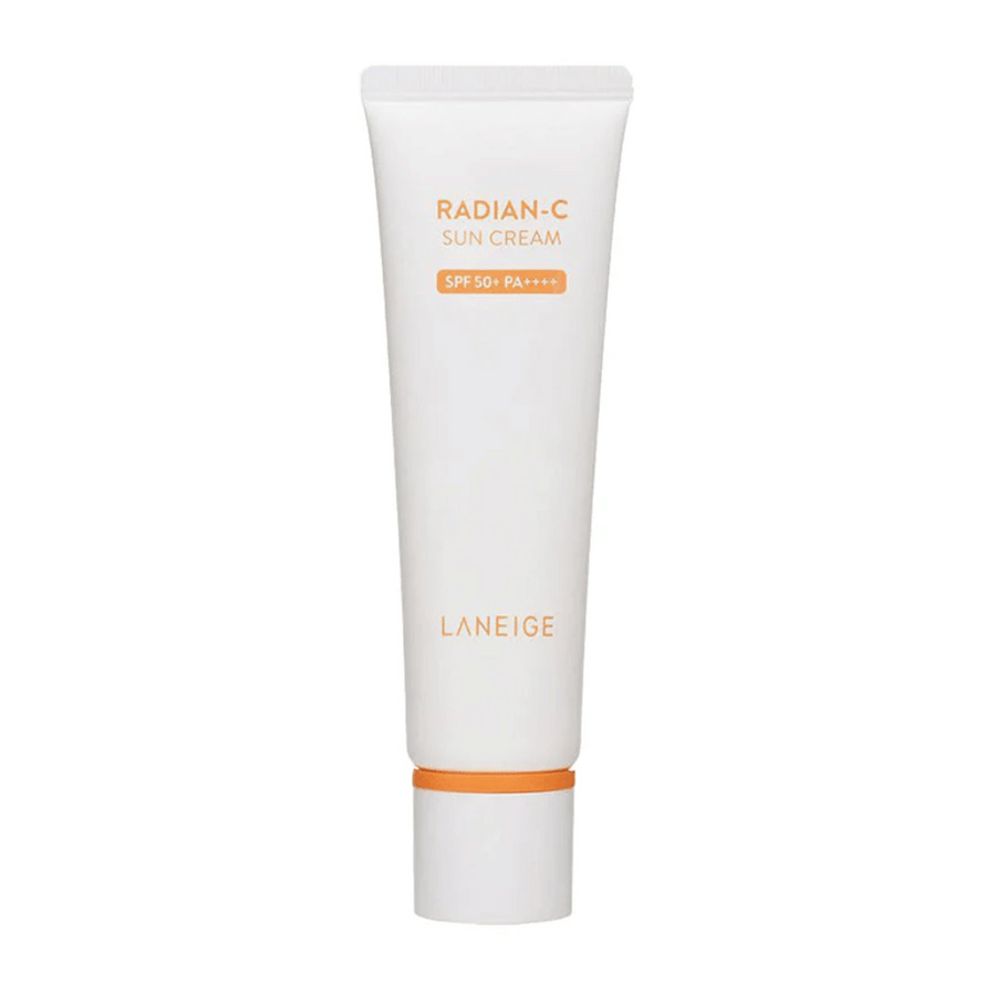LANEIGE Radian-C Sun Cream SPF 50+ PA++++ i vit tub med orange text, frilagd mot vit bakgrund.