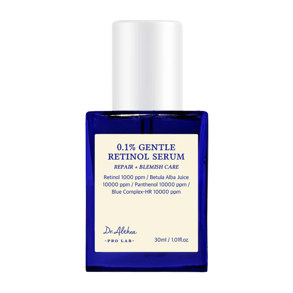 Productafbeelding van Dr. Althea 0.1% Gentle Retinol Serum – een mild retinolserum dat het herstel van de huid bevordert, de huidtint egaliseert en onzuiverheden vermindert.