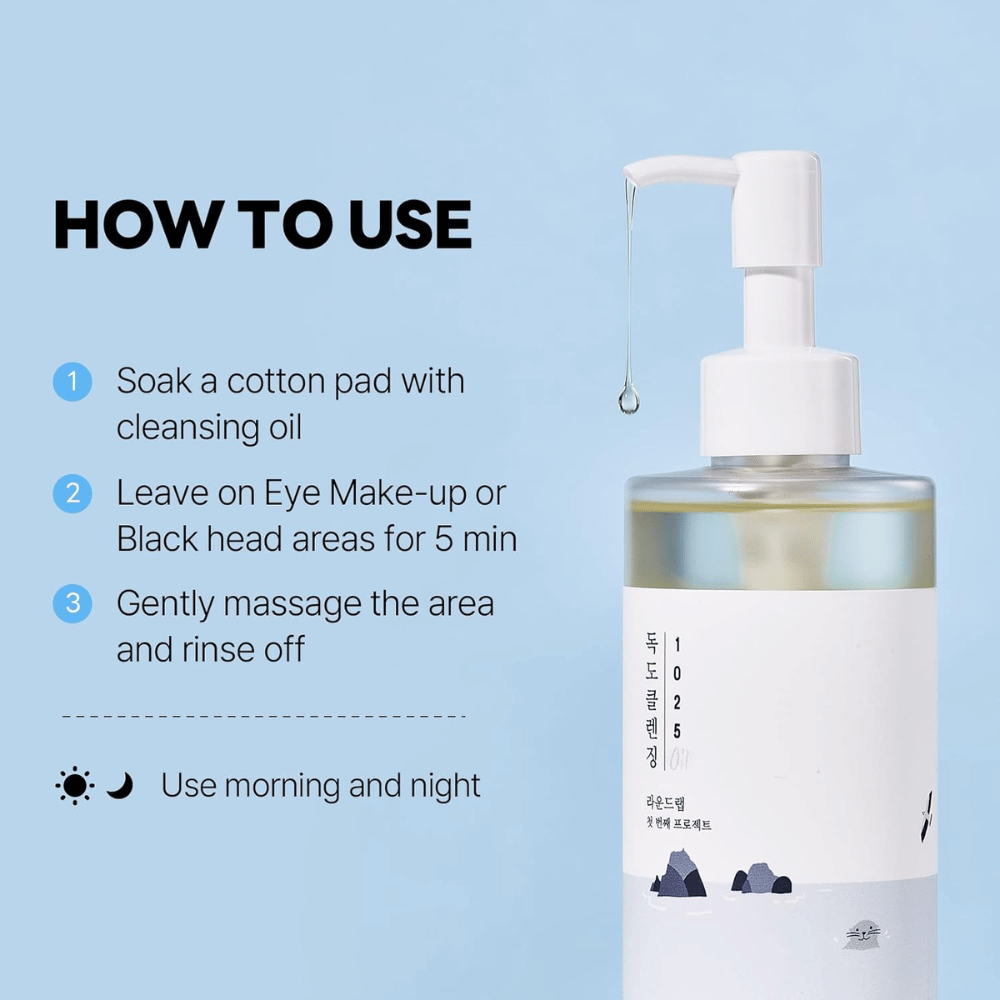 Round Lab 1025 Dokdo Cleansing Oil die make-up, zonnebrand en onzuiverheden effectief oplost met een lichte en hydraterende olietextuur