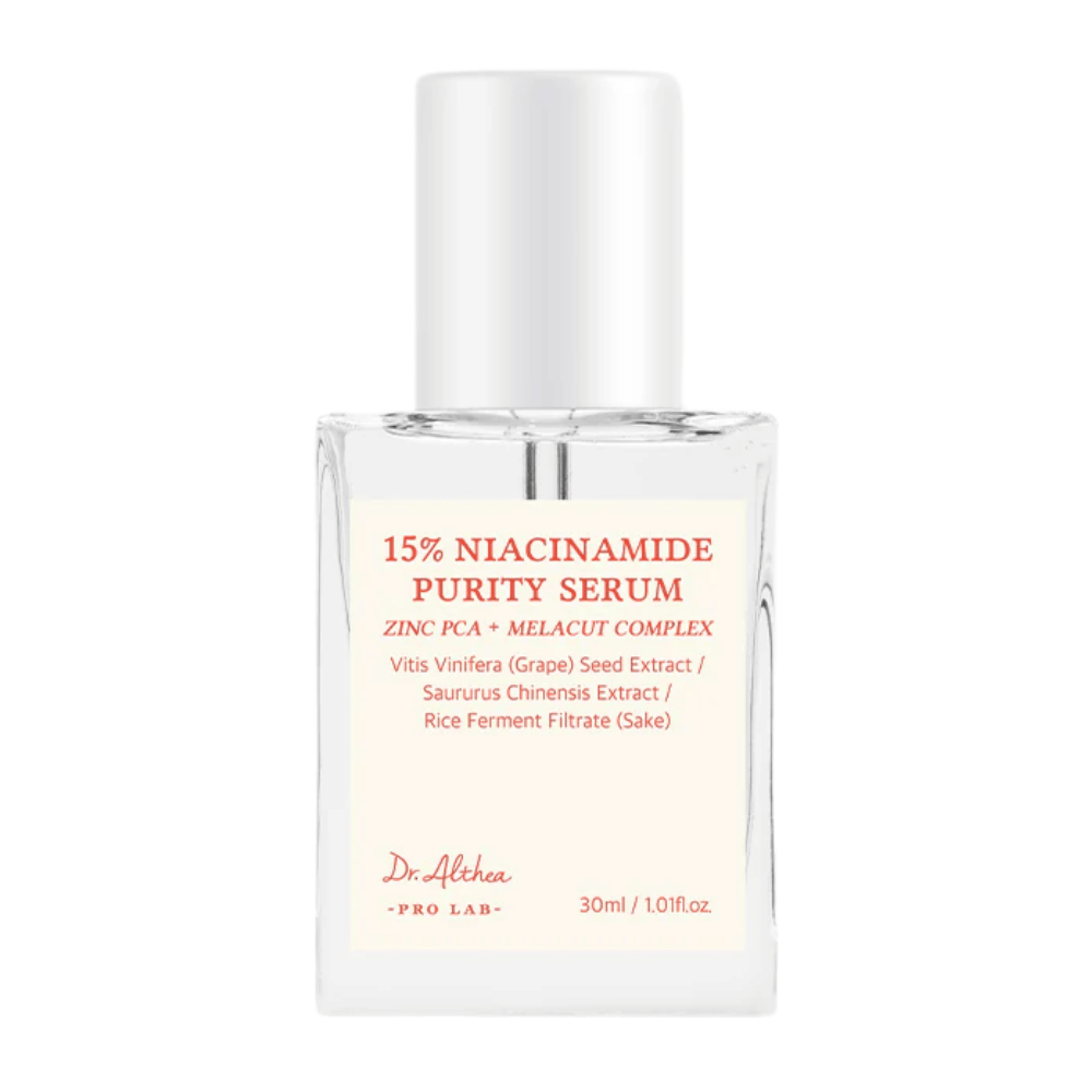 Dr. Althea 15% Niacinamide Purity Serum is een geavanceerd serum dat 15% niacinamide combineert met Zinc PCA en MELACUT COMPLEX om de huid op te lichten, poriën te verkleinen en de textuur van de huid te verbeteren. Perfect voor een stralende en egale huidtint.