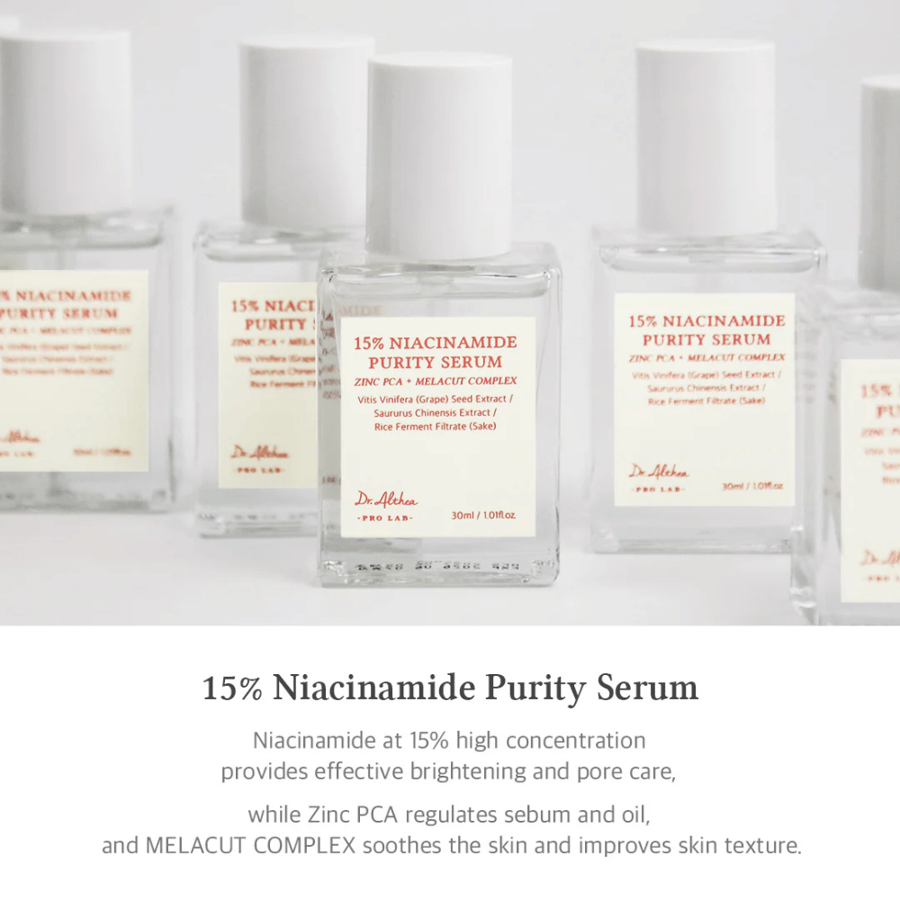 Dr. Althea 15% Niacinamide Purity Serum met een hoge concentratie niacinamide voor een lichtere huid en porieverkleining. Bevat Zinc PCA voor talgregulering en MELACUT COMPLEX om de huid te kalmeren en de textuur te verbeteren. Elegante verpakking voor een professionele uitstraling.
