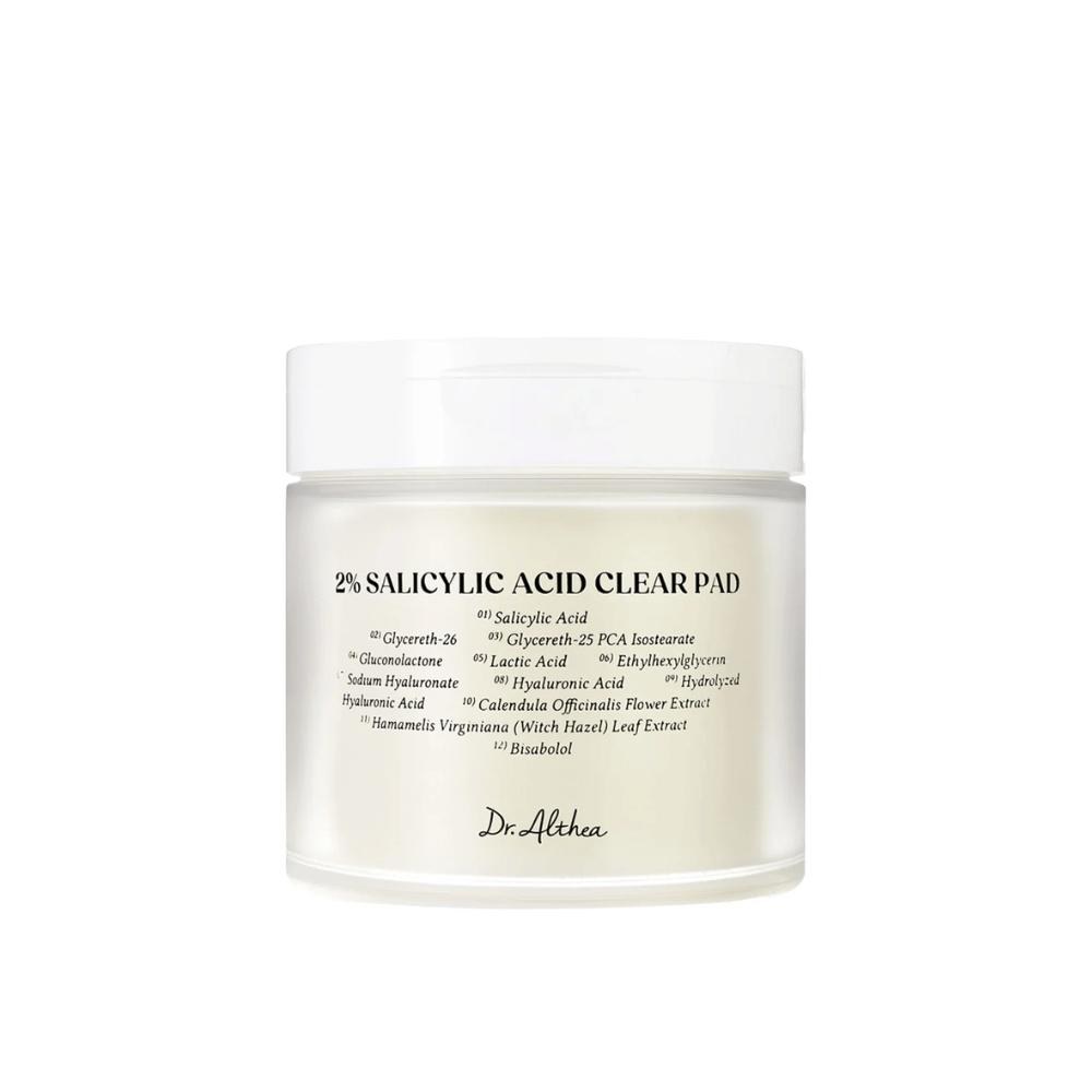 Productafbeelding van Dr. Althea 2% Salicylic Acid Clear Pad op witte achtergrond. Exfoliërende pads voor acnegevoelige en vette huid met salicylzuur en kalmerende ingrediënten.