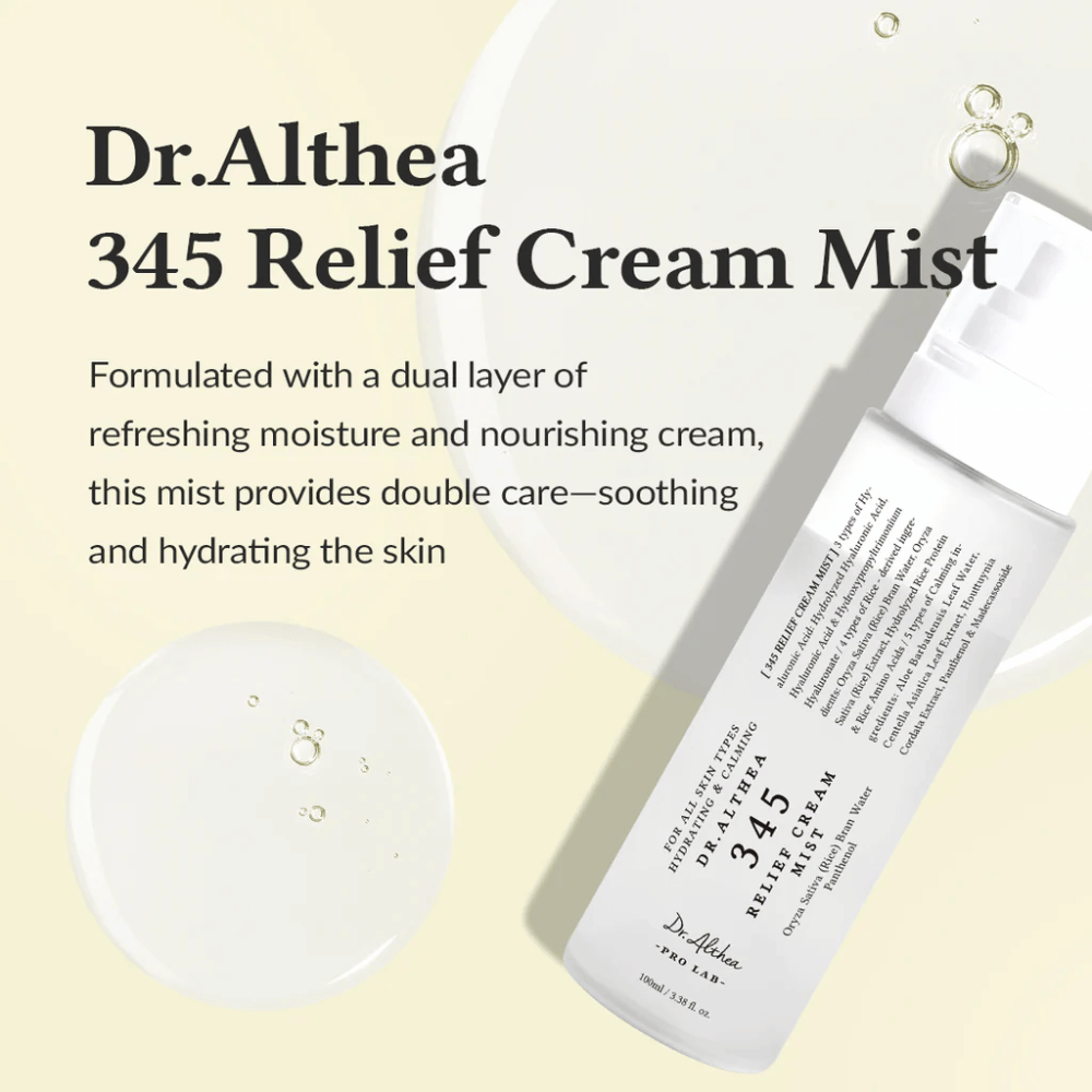 Productafbeelding van Dr. Althea 345 Relief Cream Mist met beschrijving van de kalmerende en hydraterende formule die dubbele huidverzorging biedt in één enkele spraystap.