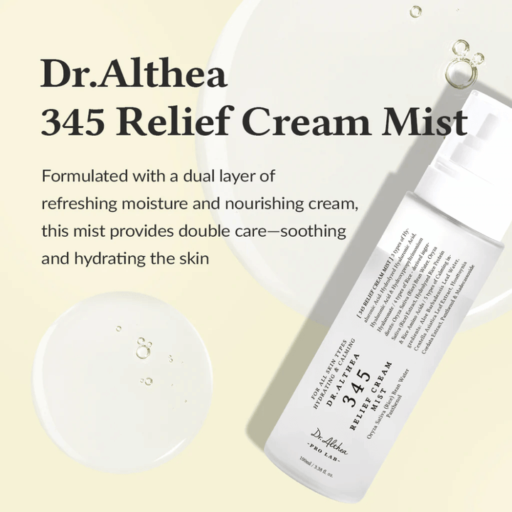 Productafbeelding van Dr. Althea 345 Relief Cream Mist met beschrijving van de kalmerende en hydraterende formule die dubbele huidverzorging biedt in één enkele spraystap.