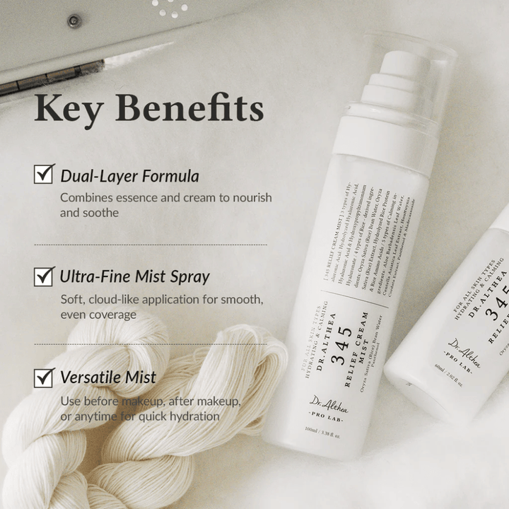 Dr. Althea 345 Relief Cream Mist met focus op voordelen zoals dubbele-laag-formule, ultrafijne mist en veelzijdig gebruik voor snelle en gelijkmatige hydratatie.