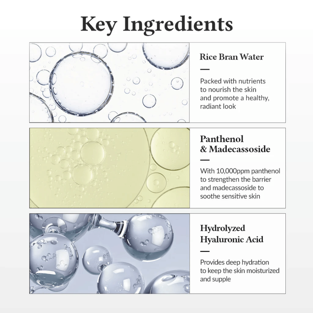 Belangrijke ingrediënten in Dr. Althea 345 Relief Cream Mist, met rijstwater, panthenol, madecassoside en gehydrolyseerd hyaluronzuur die de huidbarrière versterken en diepe hydratatie bieden.