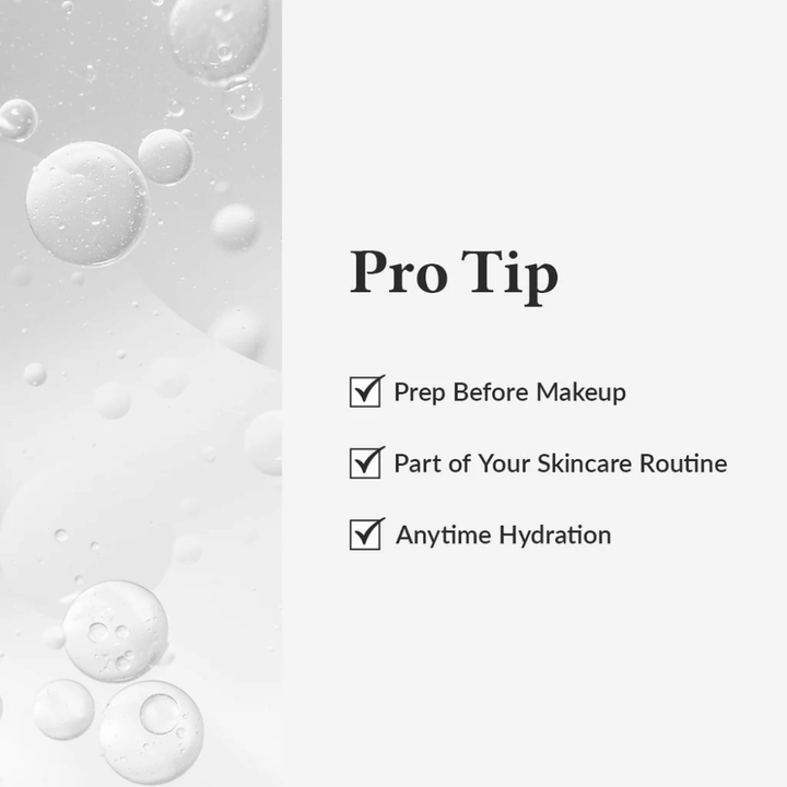 Pro Tip-grafiek die laat zien hoe Dr. Althea 345 Relief Cream Mist wordt gebruikt voor hydratatie voor make-up, als onderdeel van de huidverzorgingsroutine of op elk moment van de dag.