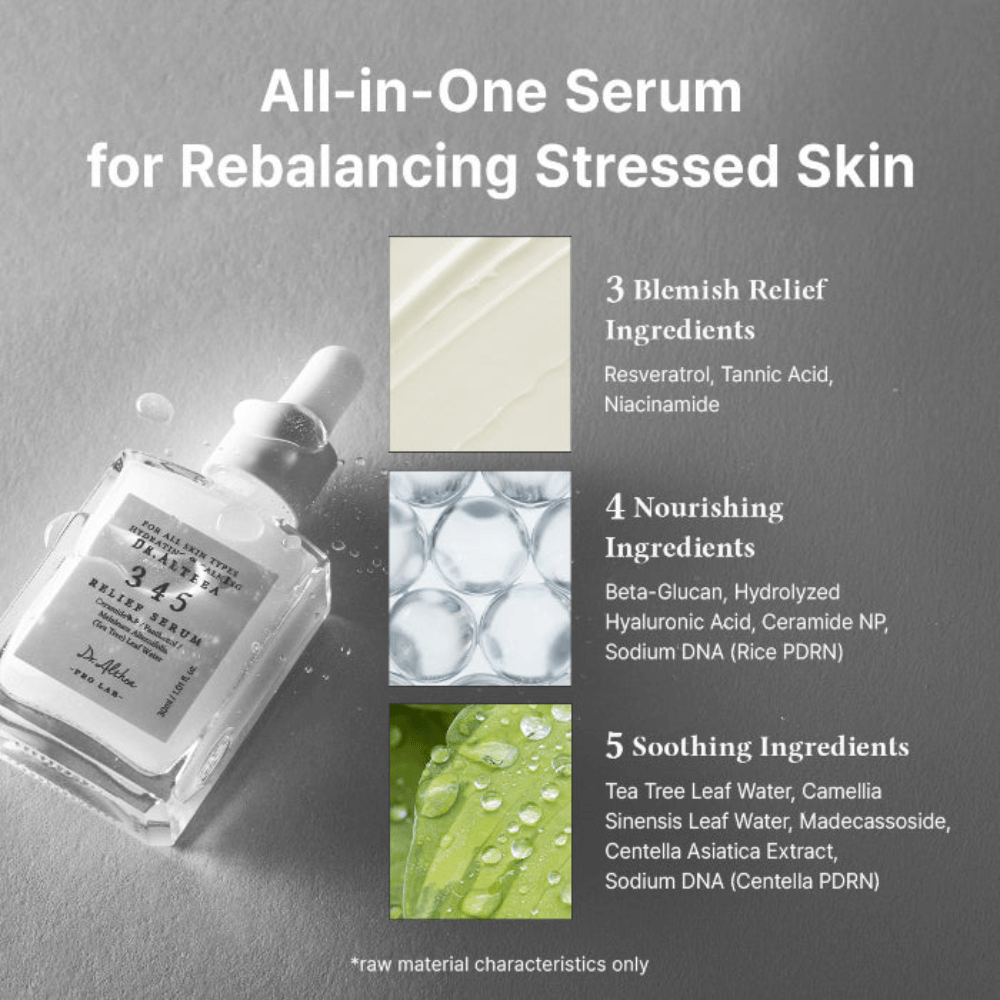 Dr. Althea 345 Relief Serum met niacinamide, resveratrol, bèta-glucaan, hyaluronzuur, ceramiden en Centella voor een evenwichtige huid.