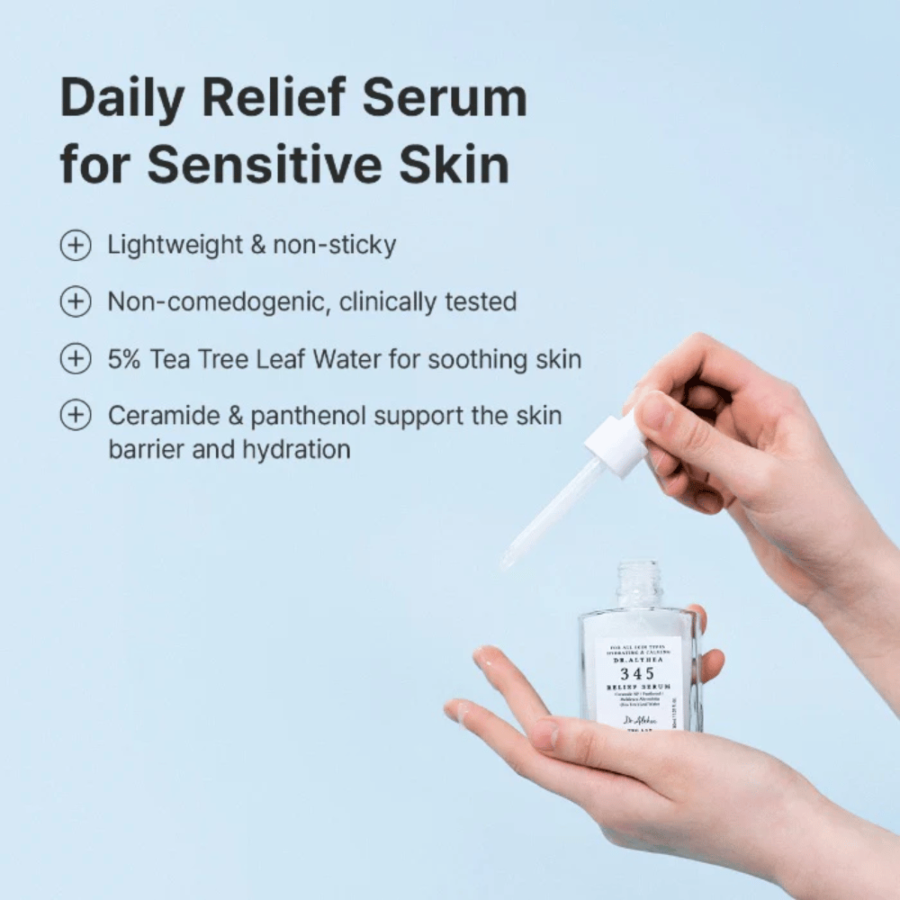 Dr. Althea 345 Relief Serum met ceramiden, panthenol en tea tree-water voor gevoelige huid en langdurige hydratatie.
