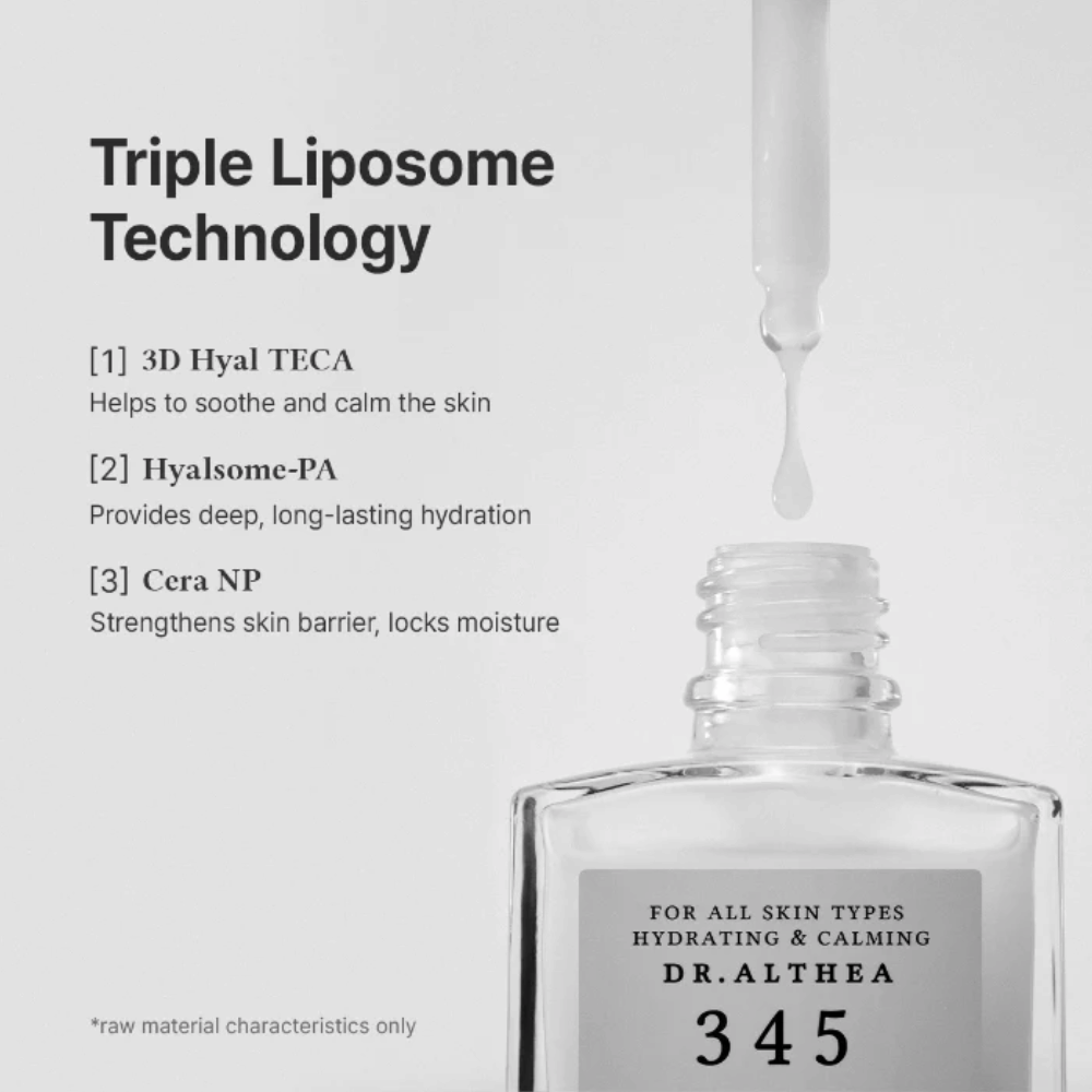Dr. Althea 345 Relief Serum met drievoudige liposoomtechnologie, ceramiden en hyaluronzuur voor intensieve hydratatie en een kalmerend effect.