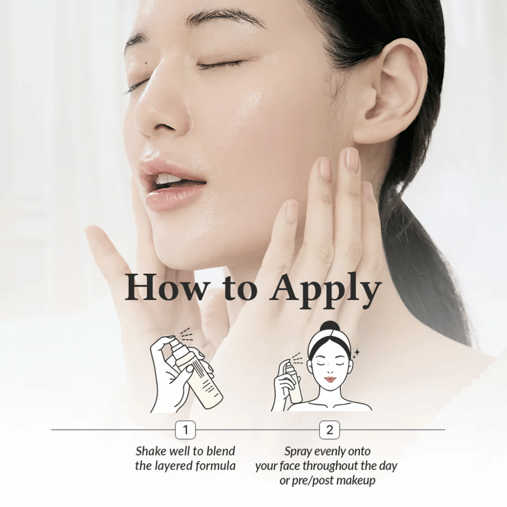 Hoe Dr. Althea 345 Relief Cream Mist aan te brengen, waarbij het model het gezicht besproeit voor gelijkmatige hydratatie voor en na make-up met een fijn verdeelde mist.