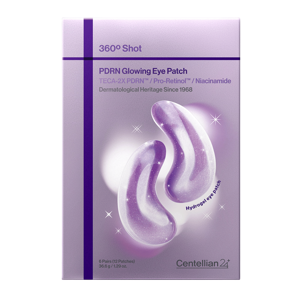 Verpakking van 360° Shot PDRN Glowing Eye Patch van Centellian24+, hydrogel-oogpatches met PDRN, niacinamide en TECA voor glans en stevigere oogcontour.