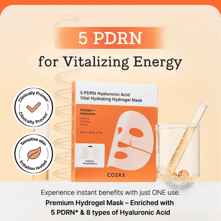COSRX 5 PDRN Vital Hydrating Hydrogel Mask met hyaluronzuur en collageen, klinisch getest voor glans, stevigere huid en verbeterde huidbarrière