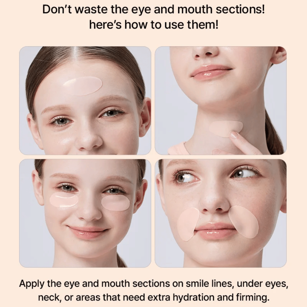 COSRX 5 PDRN Hydrogel Mask aanbrengen onder de ogen, op de hals en rond de mond voor extra hydratatie, versteviging en vermindering van fijne lijntjes