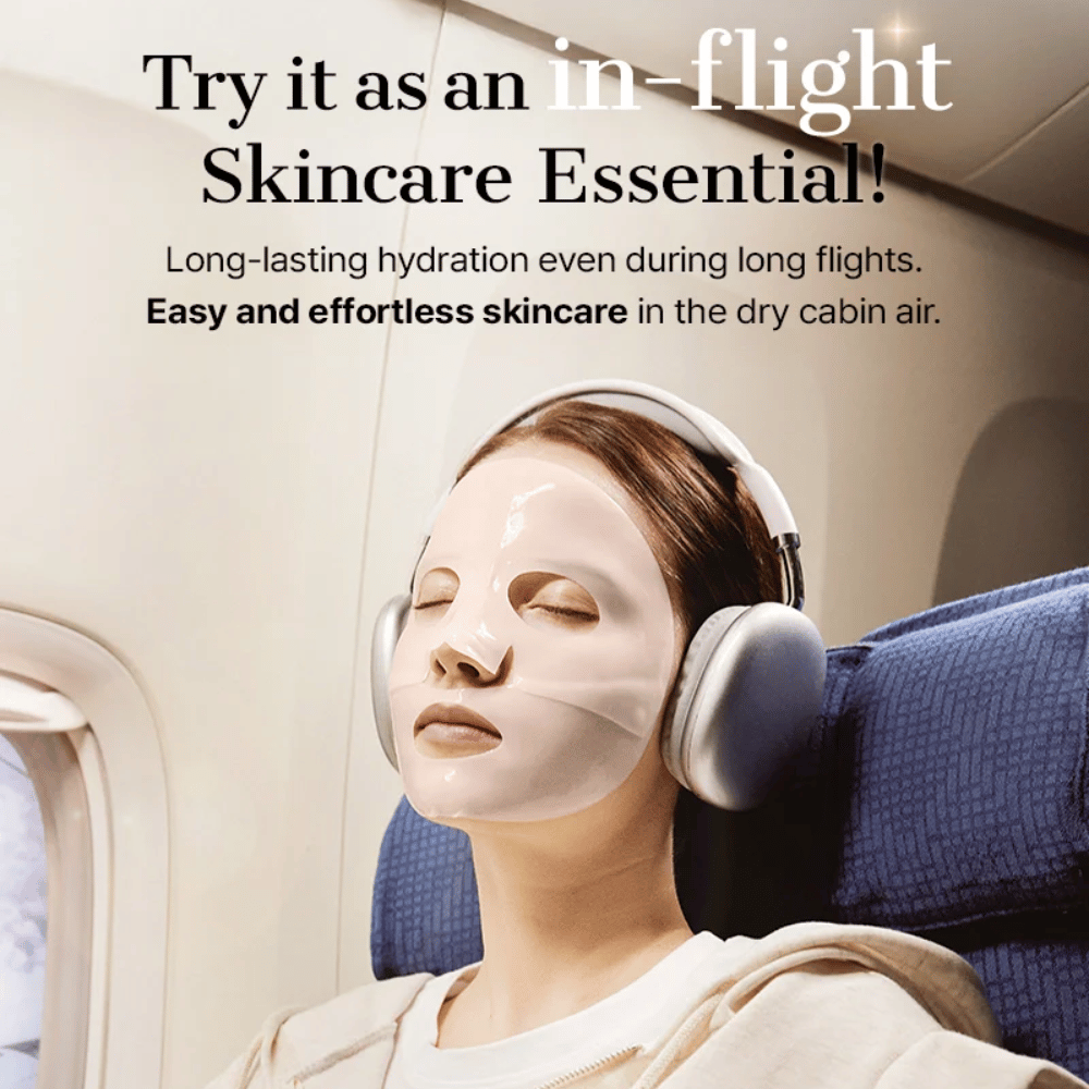 COSRX 5 PDRN Hyaluronic Acid Vital Hydrating Hydrogel Mask gebruiken als hydraterende Sheet mask tijdens een vliegreis voor langdurige hydratatie en kalmerend effect