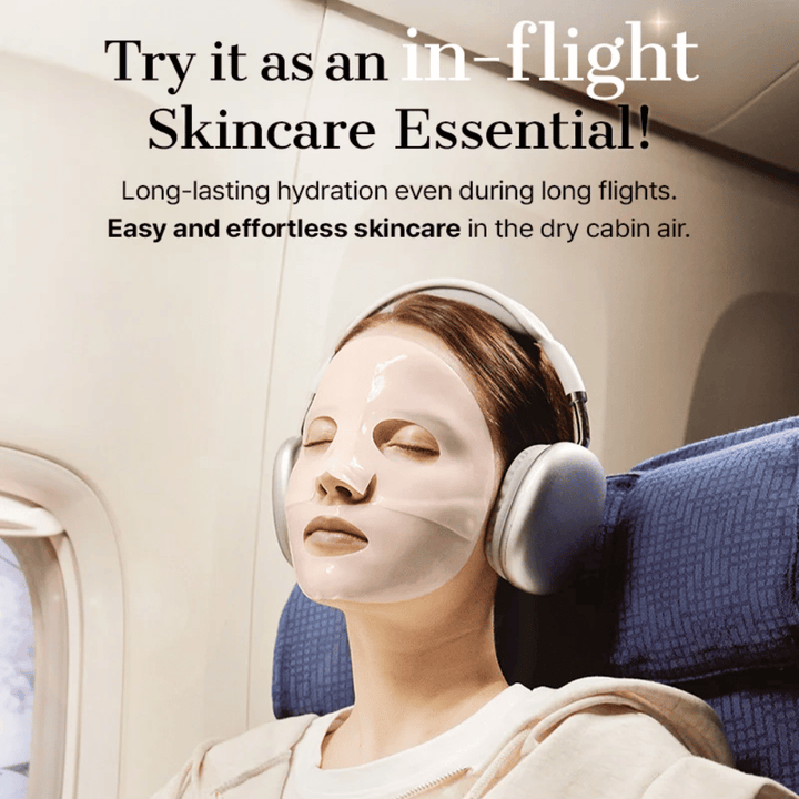COSRX 5 PDRN Hyaluronic Acid Vital Hydrating Hydrogel Mask gebruiken als hydraterende Sheet mask tijdens een vliegreis voor langdurige hydratatie en kalmerend effect