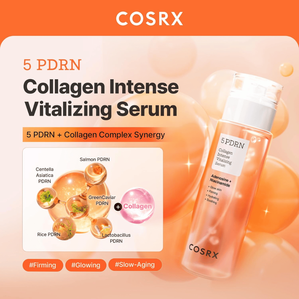 COSRX 5 PDRN serum met collageencomplex dat de huidbarrière versterkt, glans geeft en tekenen van veroudering tegengaat