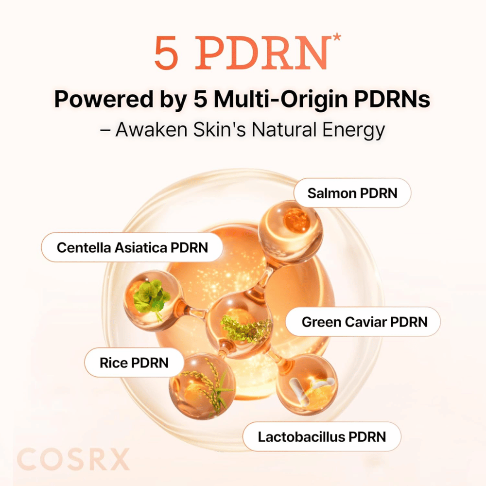 COSRX 5 PDRN serum met multi-origin PDRN van zalm, centella asiatica, rijst en probiotica die de huid versterken en de elasticiteit verbeteren