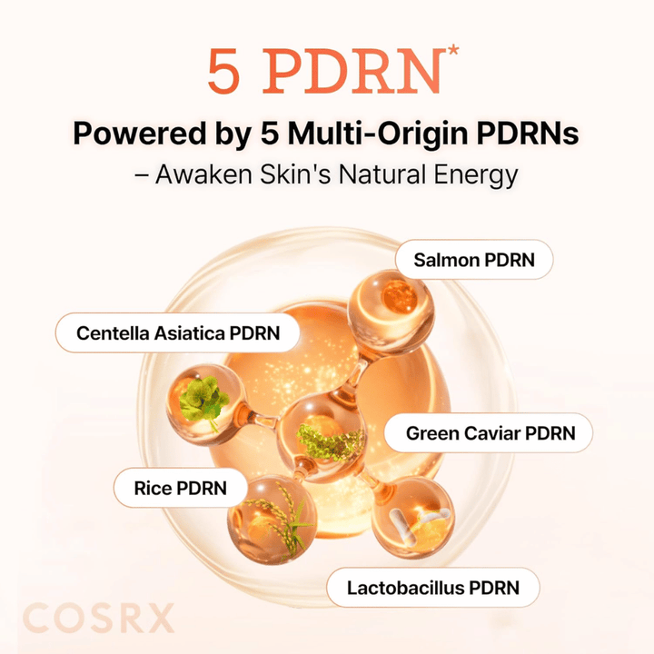 COSRX 5 PDRN serum met multi-origin PDRN van zalm, centella asiatica, rijst en probiotica die de huid versterken en de elasticiteit verbeteren