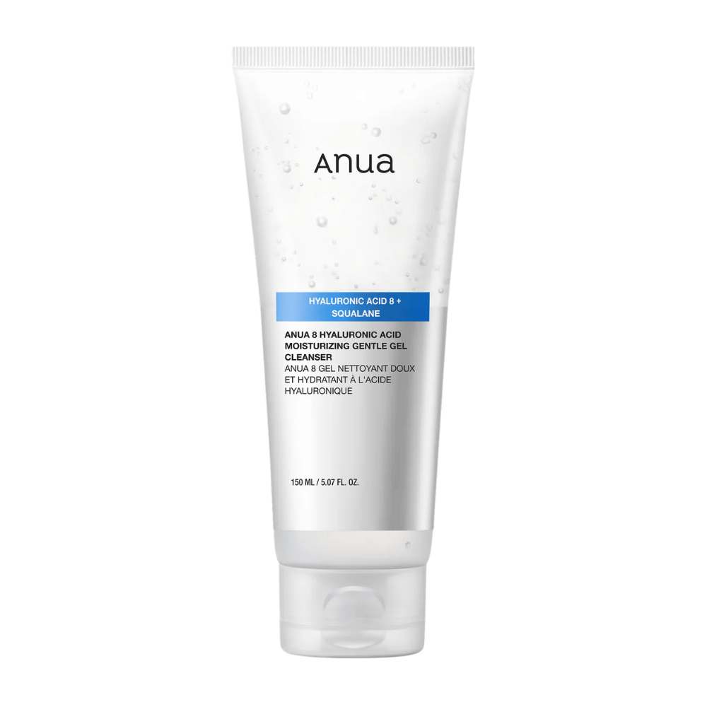 Productafbeelding van Anua 8 Hyaluronic Acid Moisturizing Gentle Gel Cleanser in witte tube. Zachte gelreiniger die de vochtbarrière van de huid versterkt en zorgt voor een zachte, gebalanceerde huid.