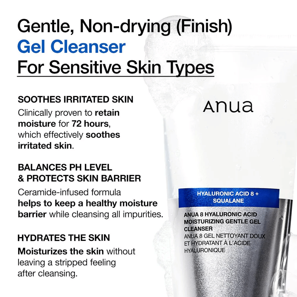 Anua 8 Hyaluronic Acid Moisturizing Gentle Gel Cleanser met tekst die de eigenschappen van het product benadrukt: hydrateert gedurende 72 uur, balanceert de pH en beschermt de huidbarrière.