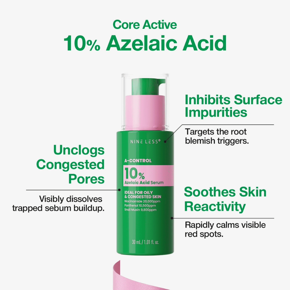 NINELESS A-Control serum met 10% azelaïnezuur helpt verstopte poriën, onzuiverheden en zichtbare roodheid tegen te gaan.