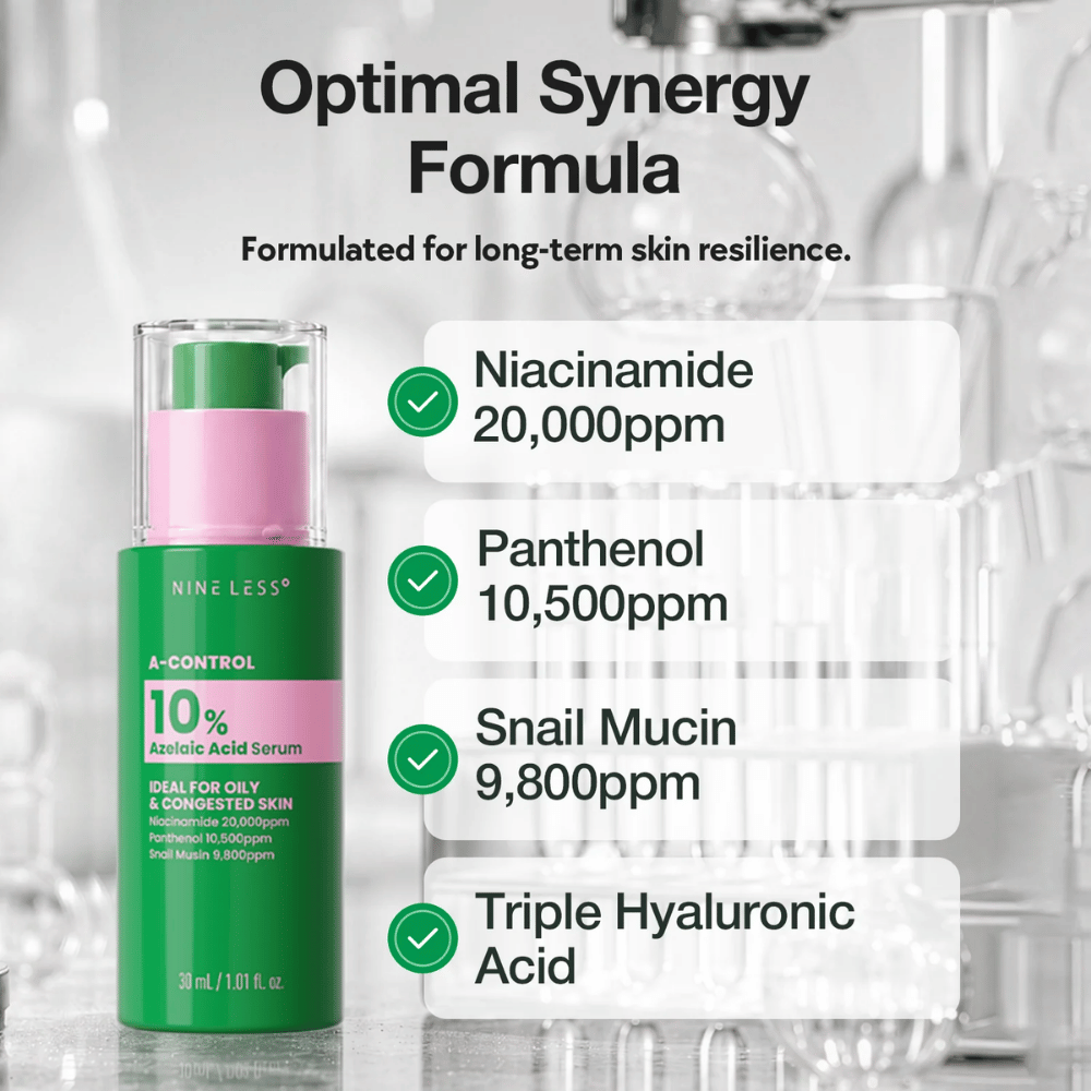 NINELESS A-Control 10% Azelaic Acid Serum met niacinamide, panthenol, snail mucin en hyaluronzuur voor een gebalanceerde en gehydrateerde huid.