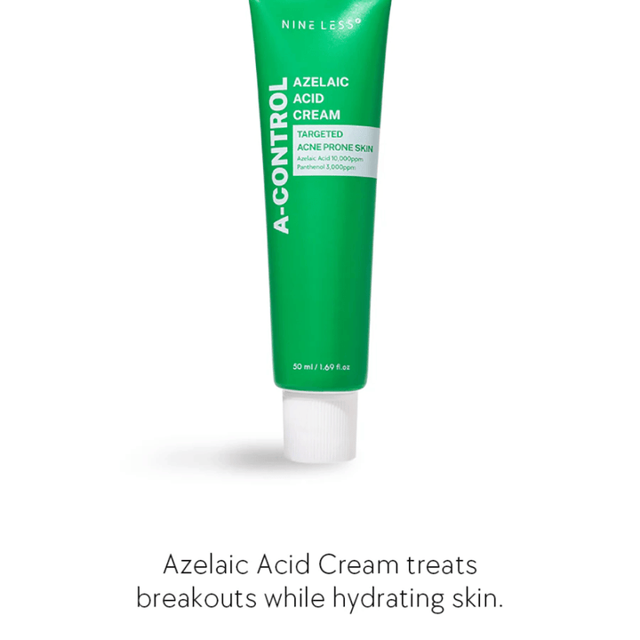 NINELESS Azelaic Acid Cream gezichtscrème – crème voor acne-gevoelige huid die helpt puistjes te bestrijden, de huid te hydrateren en de huidskleur te egaliseren.