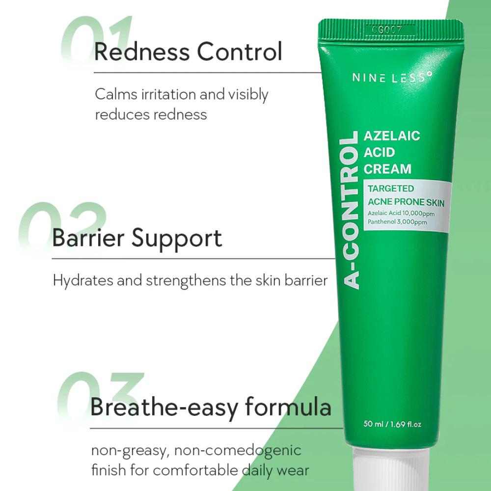NINELESS A-Control Azelaic Acid Cream – Koreaanse gezichtscrème met azelaïnezuur dat helpt roodheid te verminderen, de huidbarrière te versterken en een lichte, niet-vette finish te geven.