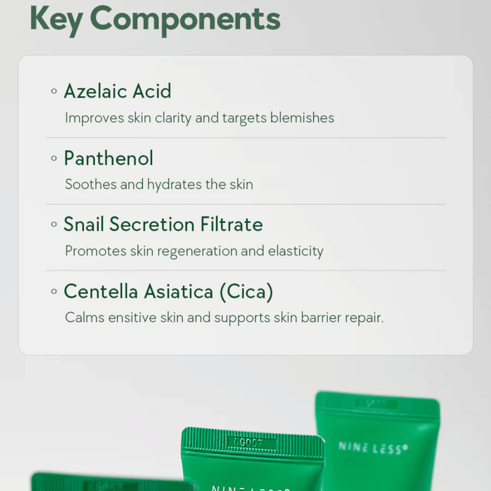 NINELESS A-Control Azelaic Acid Cream ingrediënten – gezichtscrème met azelaïnezuur, panthenol, snail mucin en Centella Asiatica die helpen de huid te kalmeren en de helderheid van de huid te verbeteren.