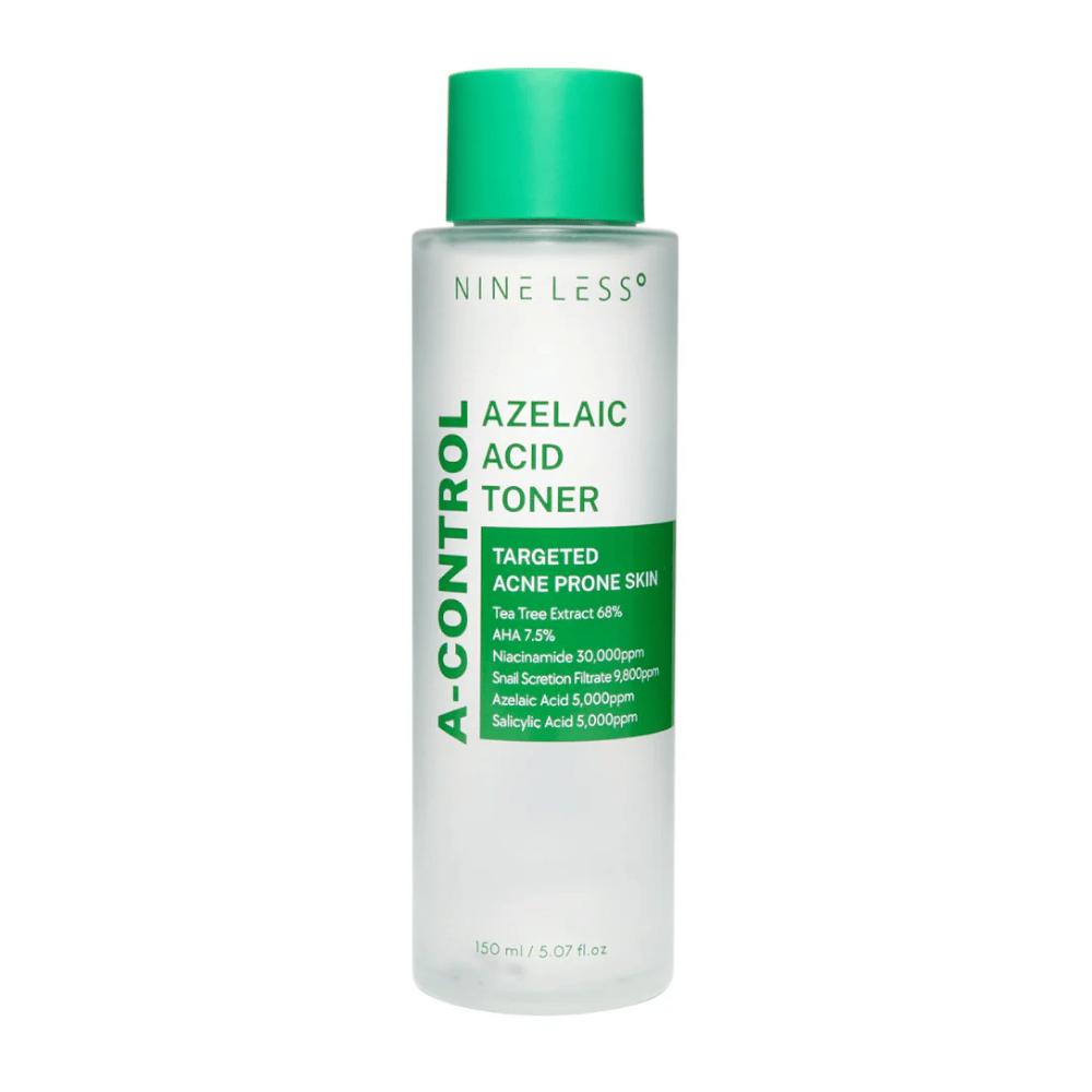 Productafbeelding van Nine Less A-Control Azelaic Acid Toner 150 ml in doorzichtige fles met groen etiket en groene dop.