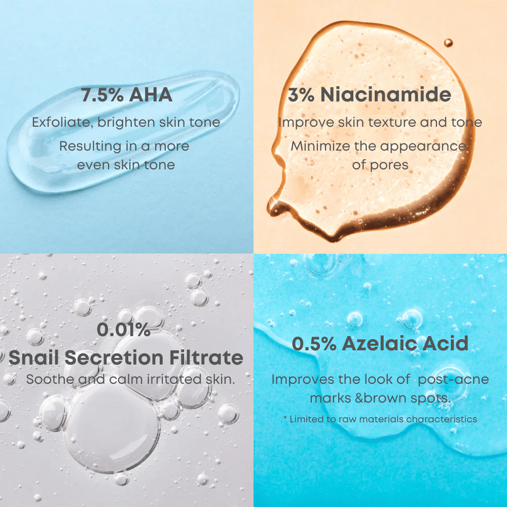 Close-up van serumdruppels die de belangrijke ingrediënten van de toner illustreren: 7,5% AHA, 3% niacinamide, slakkenafscheidingsfiltraat en 0,5% azelaïnezuur.