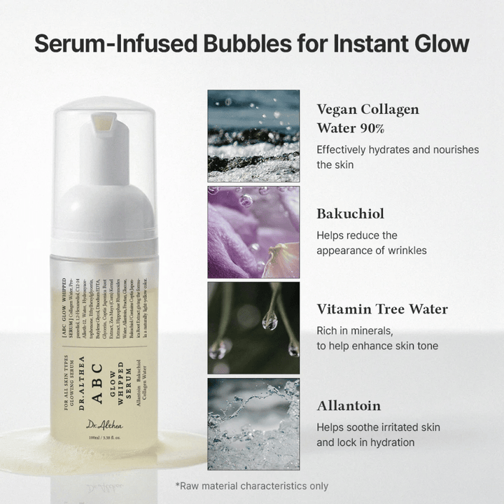 Afbeelding – ingrediënten (EEAT + ranking)
Dr. Althea ABC Glow Whipped Serum met vegan collageen, bakuchiol, vitamin tree water en allantoïne die hydrateren, kalmeren en de huidstructuur verbeteren.