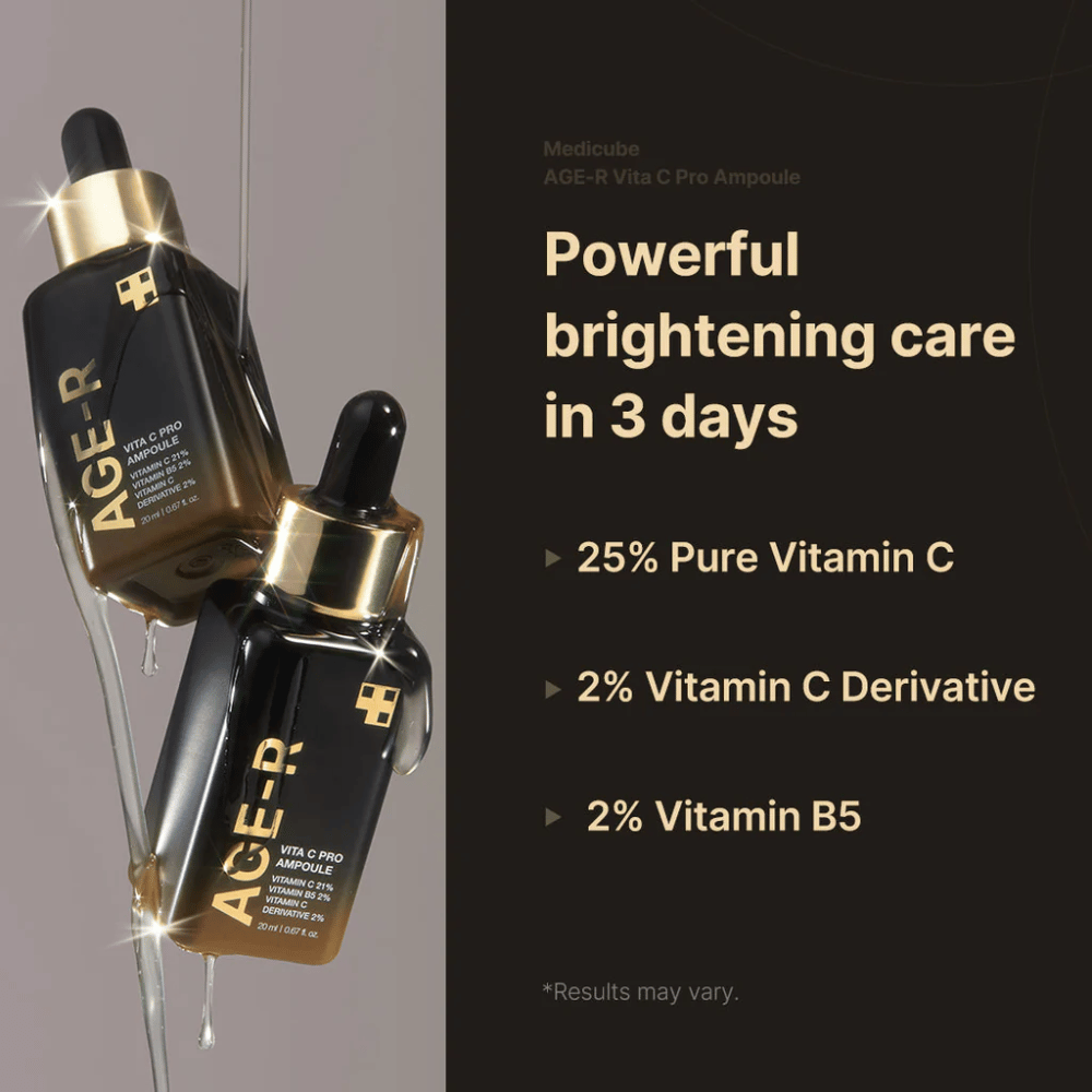 Afbeelding van Medicube Age-R Vita C Pro Ampoule die het verhelderende effect van het product binnen 3 dagen benadrukt. Het product bevat 25% pure vitamine C, 2% vitamine C-derivaat en 2% vitamine B5. De flessen worden getoond met gouden details en een pipet voor applicatie.