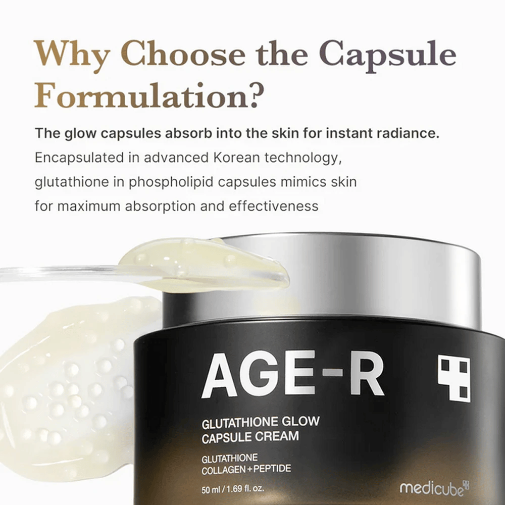 Medicube Age-R Glutathione Glow Capsule Cream wordt op de markt gebracht met een uitleg over de voordelen van de capsuleformulering. Glutathioncapsules worden snel door de huid opgenomen voor onmiddellijke glans, dankzij geavanceerde Koreaanse technologie die de eigen mechanismen van de huid nabootst voor maximale effectiviteit.