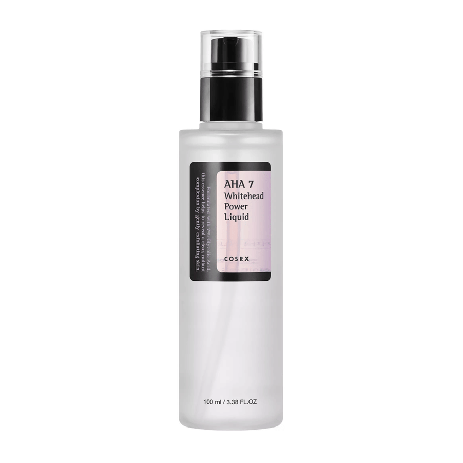 COSRX AHA 7 Whitehead Power Liquid fles 100 ml, effectieve exfoliatie met 7% glycolzuur tegen witte mee-eters en een ongelijkmatige huidtint.