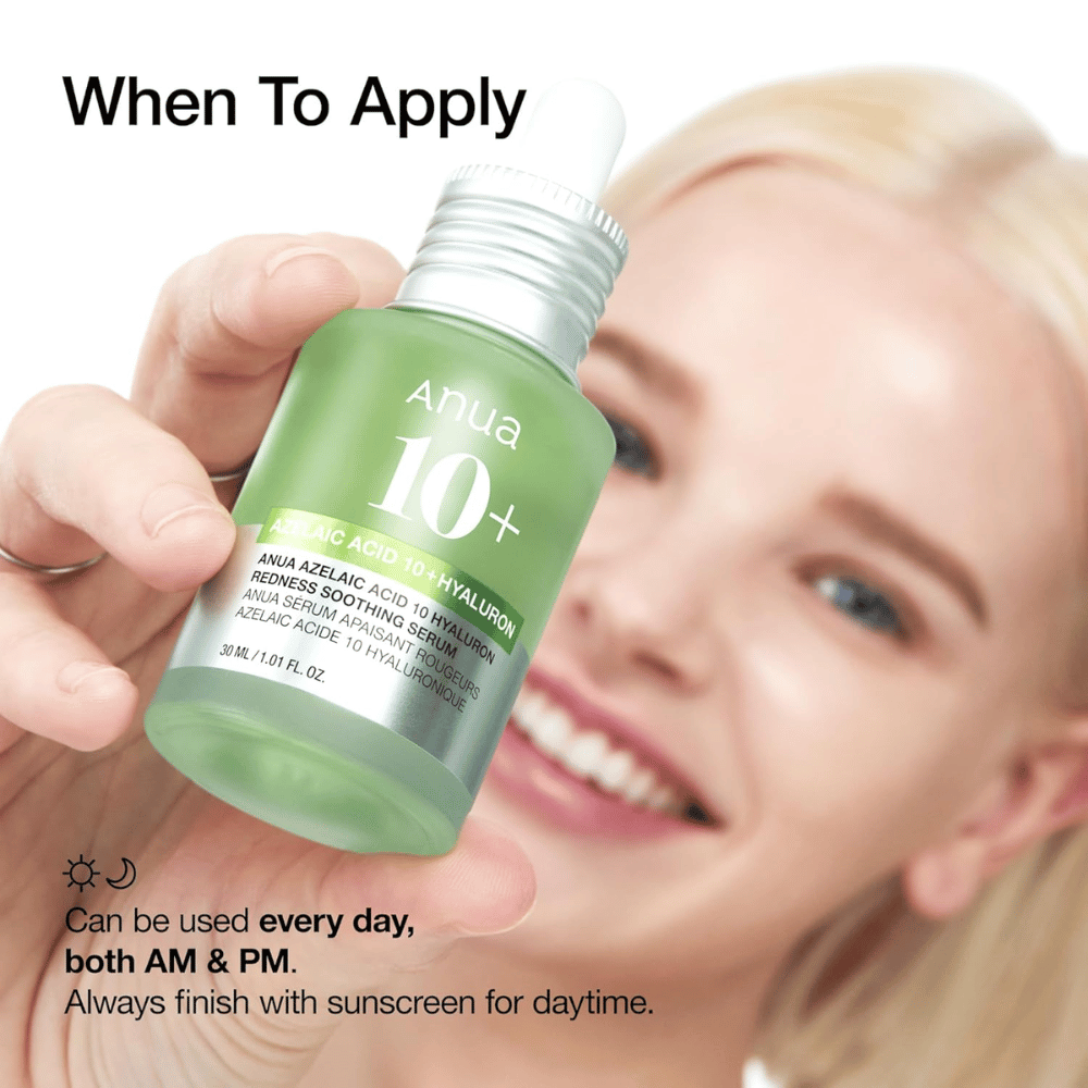 ANUA Azelaic Acid 10+ Hyaluron is een kalmerend serum dat roodheid vermindert en de huid hydrateert. Perfect voor dagelijks gebruik zowel 's ochtends als 's avonds. Bevat azelaïnezuur en hyaluronzuur om de huidbarrière te balanceren en te versterken. Gebruik altijd zonnebescherming overdag.