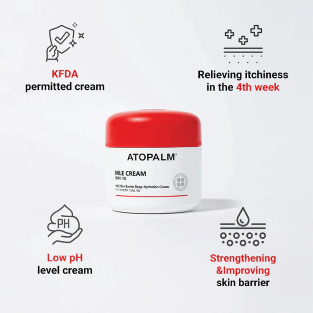 ATOPALM MLE Cream met MLE-technologie die vocht balanceert, diep hydrateert en de huidbarrière versterkt voor een zachtere en veerkrachtigere huid.