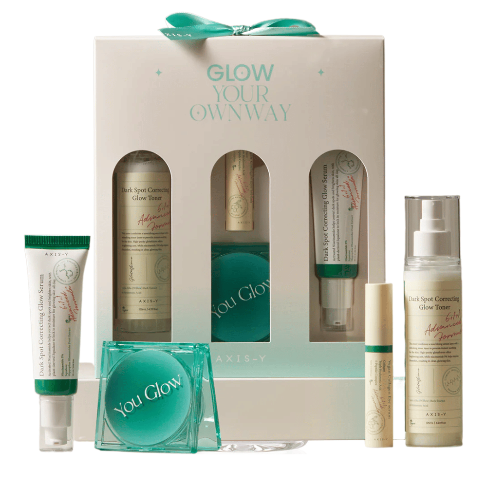 AXIS-Y Glow Your Own Way Beauty Box – een complete set met veganistische huidverzorging die pigmentvlekken vermindert, hydrateert en glans geeft. Perfect voor een egalere huidtint!