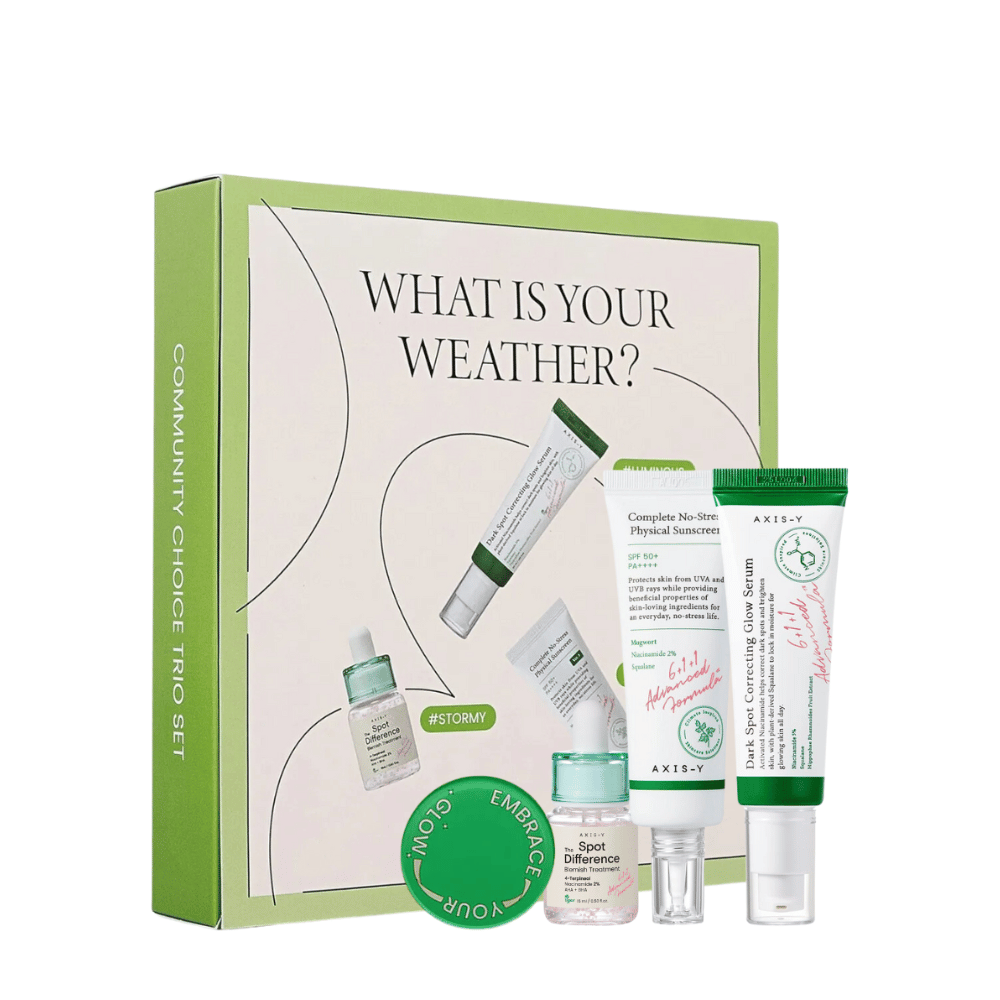 AXIS-Y "What is your weather?" Huidverzorgingsset in groene verpakking bevat vijf producten: zonnebrandcrème, vochtinbrengende crème, serum, behandelingsgel en gezichtsmasker, aangepast voor verschillende huidtypes en klimaten.