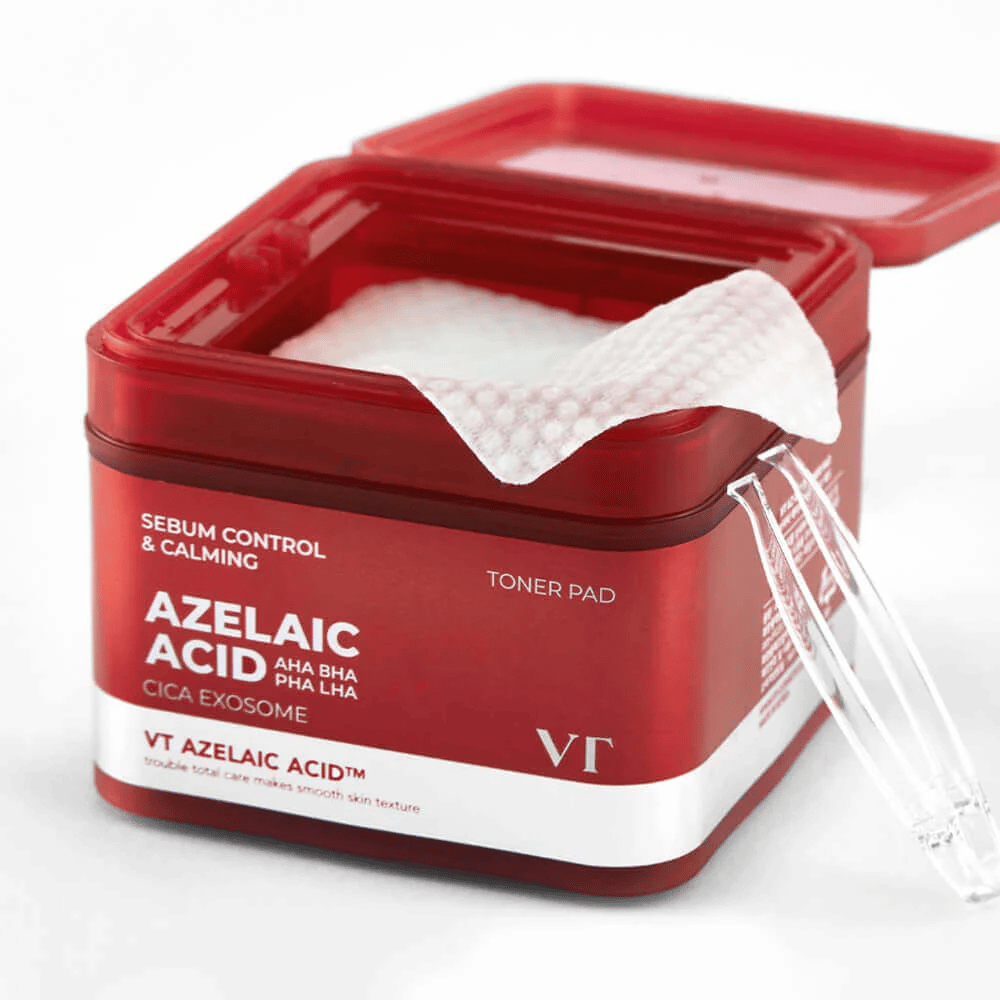Open pot met VT Azelaic Acid Toner Pad en pincet – voor eenvoudig en hygiënisch gebruik.