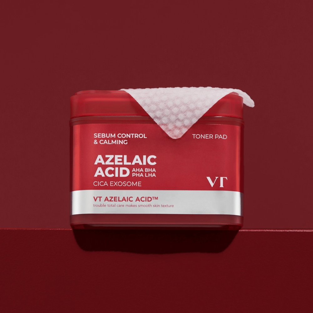 VT Azelaic Acid Toner Pad – rode pot met textuurpad, perfect om de huidtint te egaliseren en onzuiverheden te verminderen.