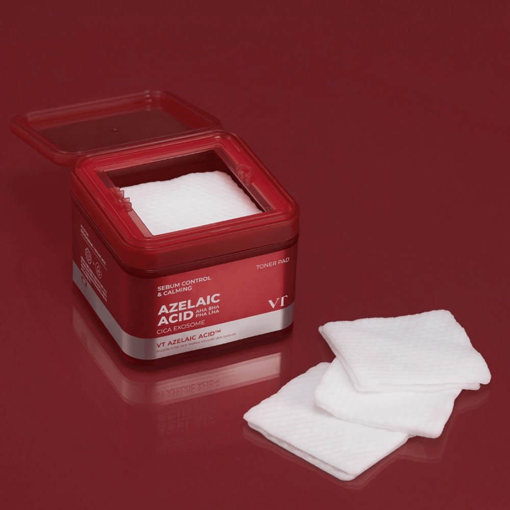 VT Azelaic Acid Toner Pad – exfoliërende en kalmerende pads met AHA, BHA, PHA en LHA voor een gebalanceerde, heldere huid.