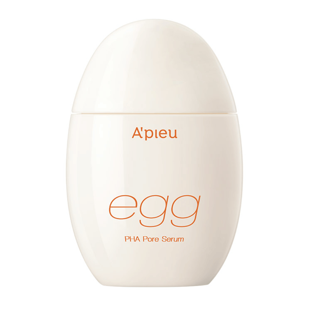 A’pieu Egg PHA Pore Serum in een eivormige, beige verpakking met oranje tekst – een Koreaans serum dat mild exfolieert en poriën minimaliseert.