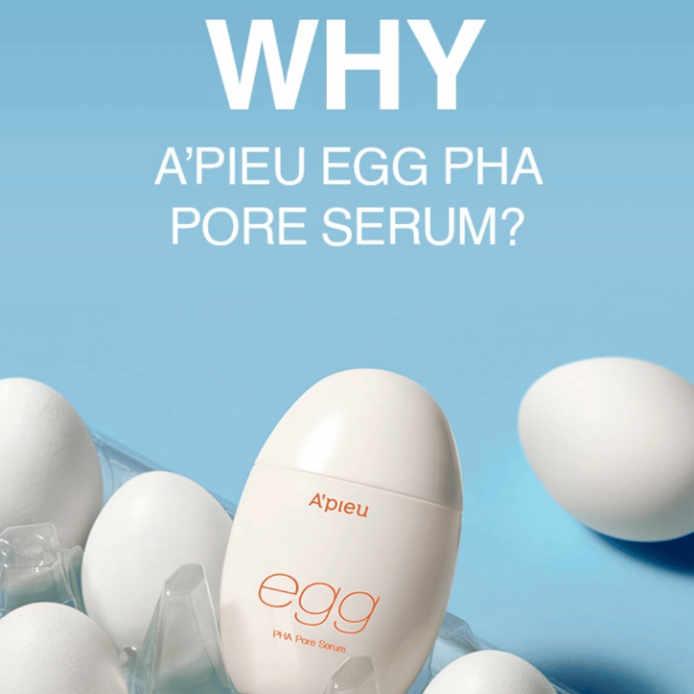 A’pieu Egg PHA Pore Serum in eivormige verpakking tussen witte eieren in een eierdoos – een Koreaans serum voor verfijnde poriën en zachte exfoliatie.