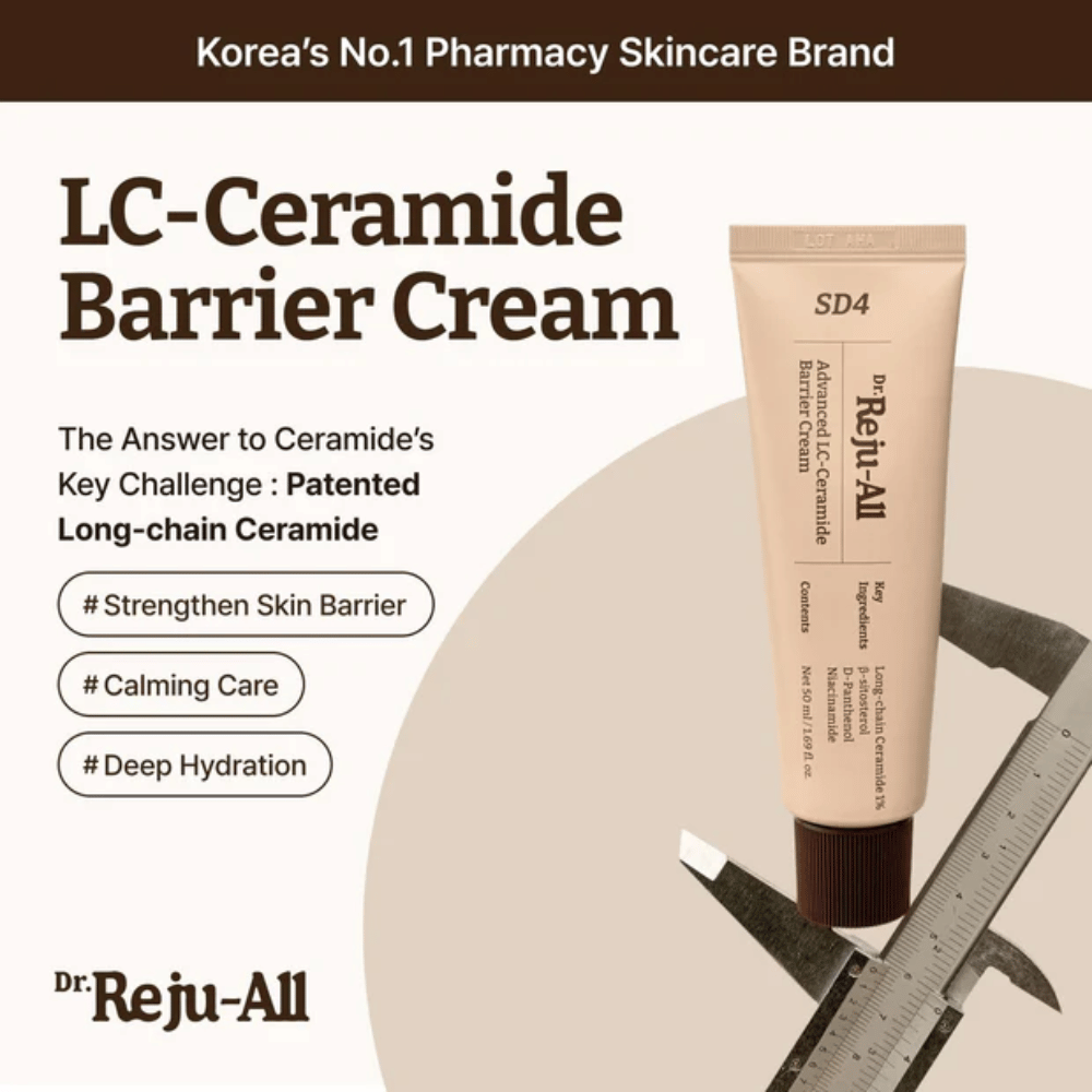Dr. Reju-All Advanced LC-Ceramide Barrier Cream uit Korea – barrièrecrème met gepatenteerde langketenige ceramiden voor diepe hydratatie, kalmerende verzorging en bescherming tegen externe irritatie.