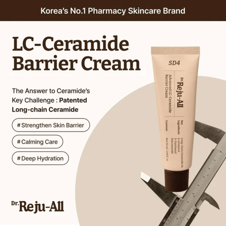 Dr. Reju-All Advanced LC-Ceramide Barrier Cream uit Korea – barrièrecrème met gepatenteerde langketenige ceramiden voor diepe hydratatie, kalmerende verzorging en bescherming tegen externe irritatie.